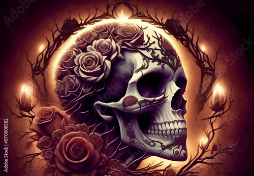 Skull and roses vector illustration. Dark fantasy.