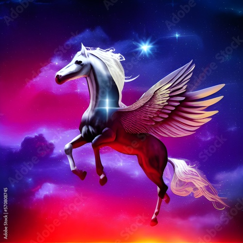Pegasus over stary blue and purple skies
