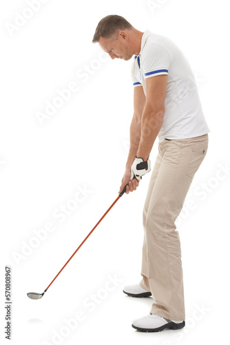 Sports, golf man and swing of club in studio isolated on a white background ready to start game. Training, golfer and mature male swinging driver for golfing workout, exercise and fitness match.