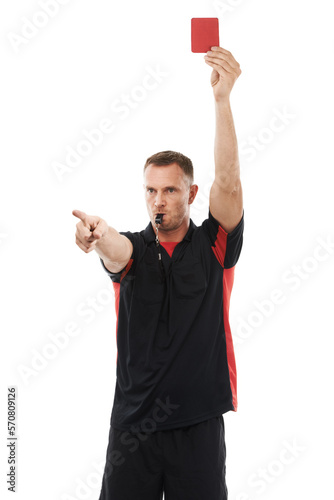 Sports referee, whistle and red card hand warning while pointing for soccer rules, penalty or fail. Football coach man sign for mistake or caution for competition game isolated on a white background