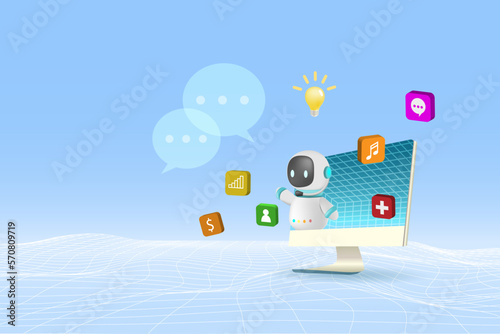 AI chat bot on computer generate smart solution answer to user. Artificial intelligence robot answer questions provide smart refinement conversation and ideas. 3D vector.