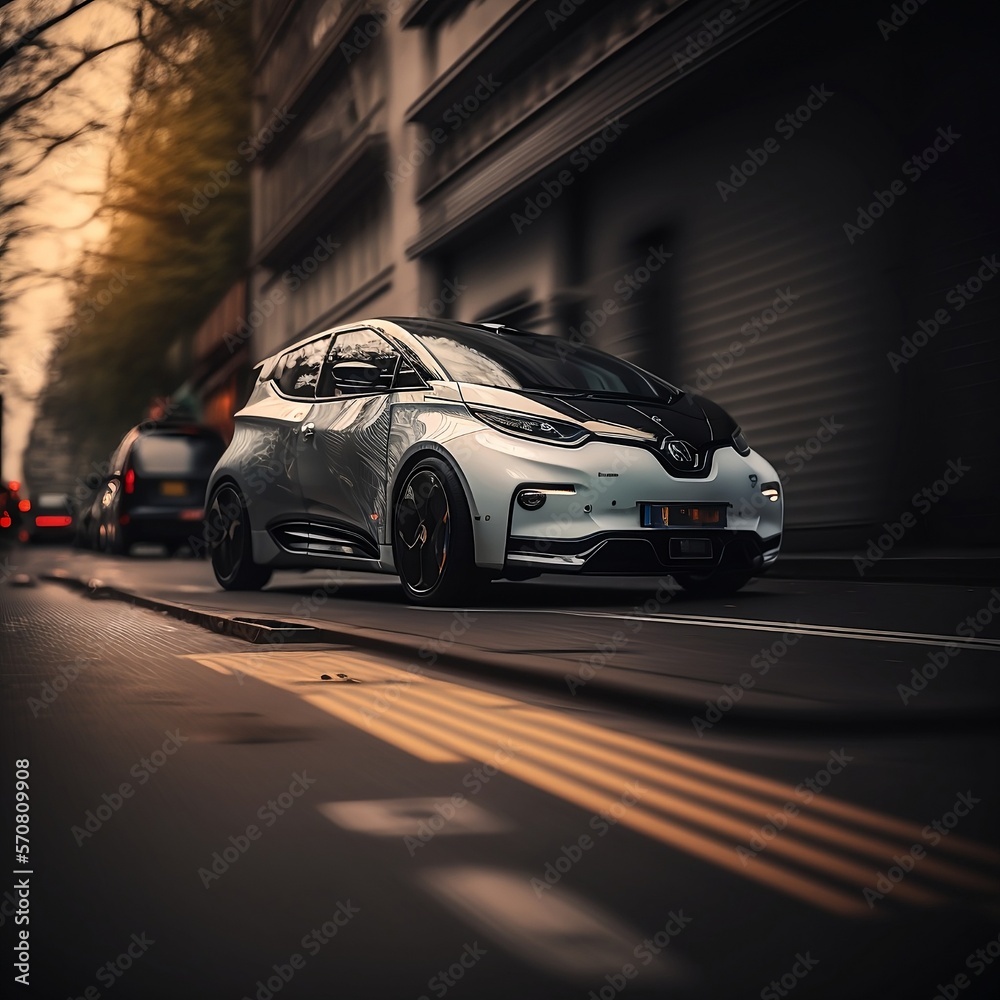 Illustration, electric car on the street in a city, bottom view perspective, Ai Generative.