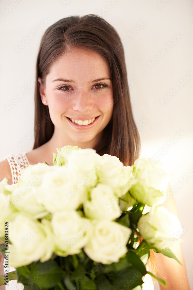 Portrait, woman and white roses with beauty, smile and achievement for romance, happiness and excited. Face, man and woman with flower bouquet, celebration or floral gift for joy or romantic gesture Portrait, woman and white roses with beauty, smile and achievement for romance, happiness and excited. Face, man and woman with flower bouquet, celebration or floral gift for joy or romantic gesture