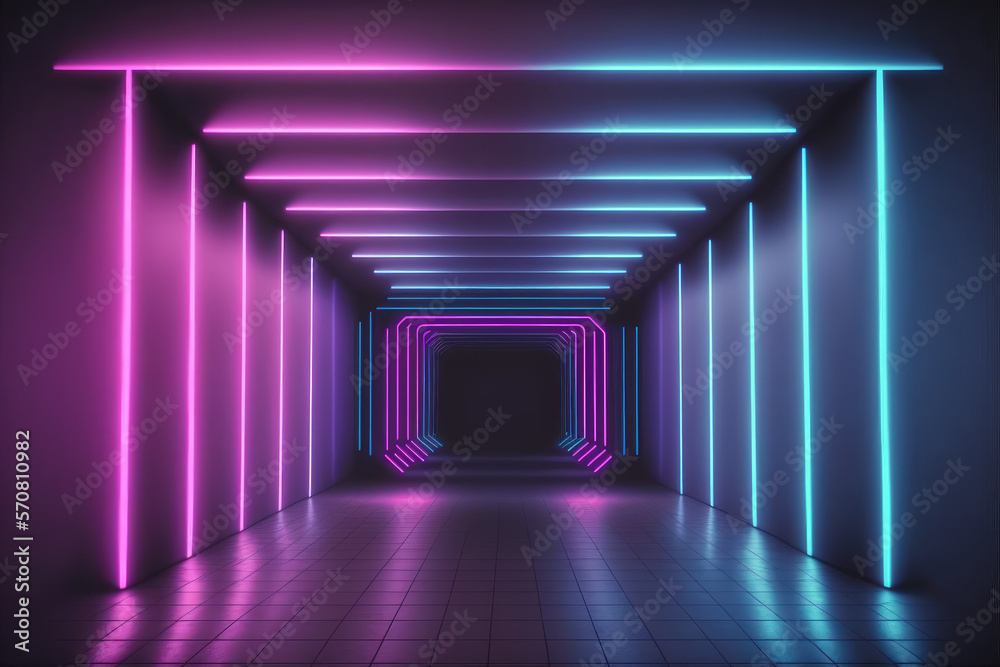 Neon light corridor tunnel with diminishing perspective view . Futuristic walking pathway. Peculiar AI generative image. - obrazy, fototapety, plakaty 