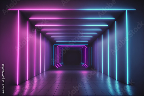 Neon light corridor tunnel with diminishing perspective view . Futuristic walking pathway. Peculiar AI generative image.