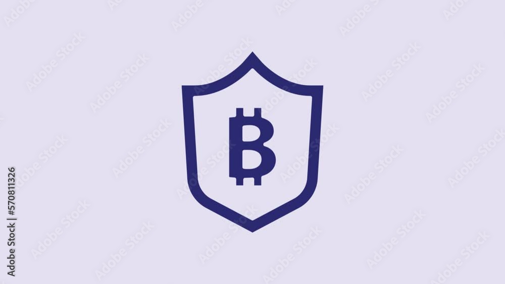 Blue Shield with bitcoin icon isolated on purple background. Cryptocurrency mining, blockchain technology, security, protect, digital money. 4K Video motion graphic animation