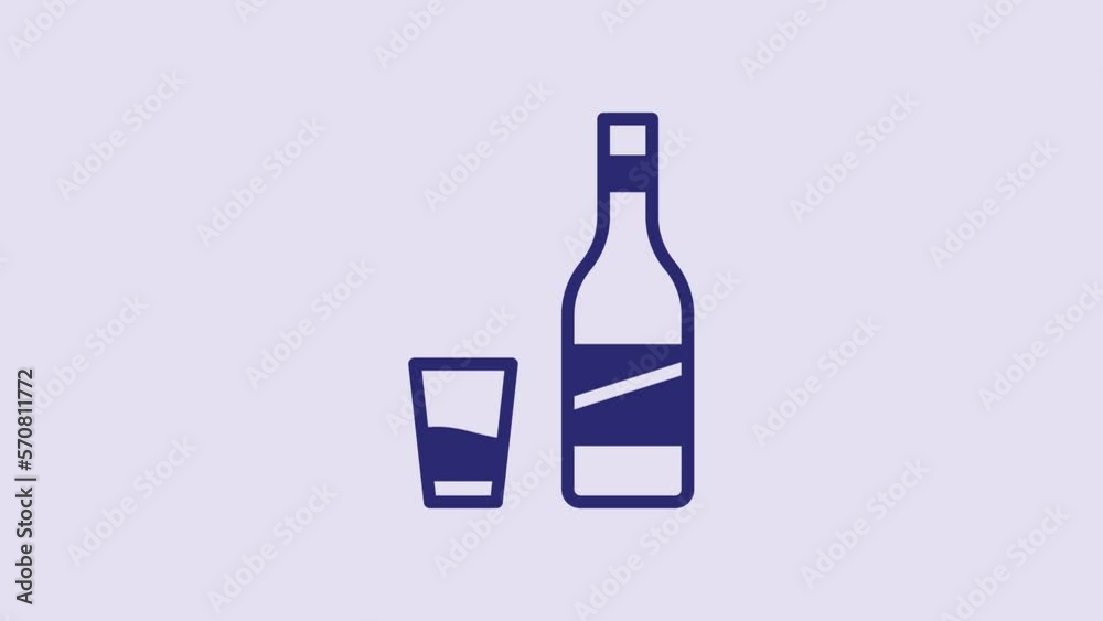 Blue Bottle of vodka with glass icon isolated on purple background. 4K Video motion graphic animation Blue Bottle of vodka with glass icon isolated on purple background. 4K Video motion graphic animation
