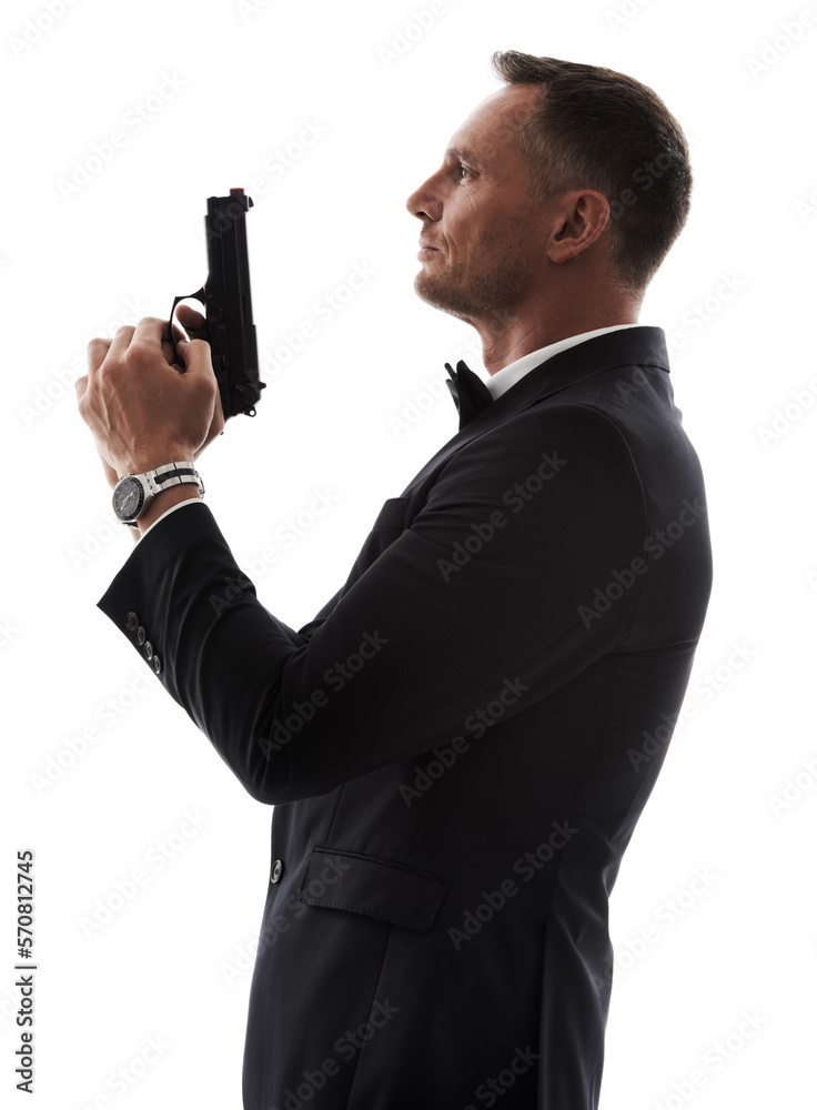 Spy man, profile and gun with suit for undercover mission, justice or  espionage by white background. Government agent, detective and weapon in  studio with designer tuxedo, secret information and work Stock Photo