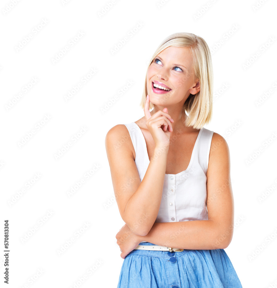 Thinking, idea and woman in dress in studio isolated on a white background mock up. Decision, planning and young, happy and pensive female model lost in thoughts, nostalgic or contemplating memory. Thinking, idea and woman in dress in studio isolated on a white background mock up. Decision, planning and young, happy and pensive female model lost in thoughts, nostalgic or contemplating memory.