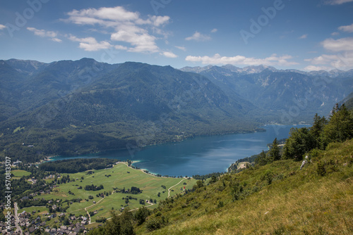 Summer at Lake Bohinj in the Julian Alps - view of the lake  surrounded by mountains