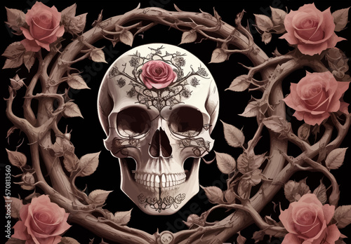 Skull and roses vector illustration. Dark fantasy.