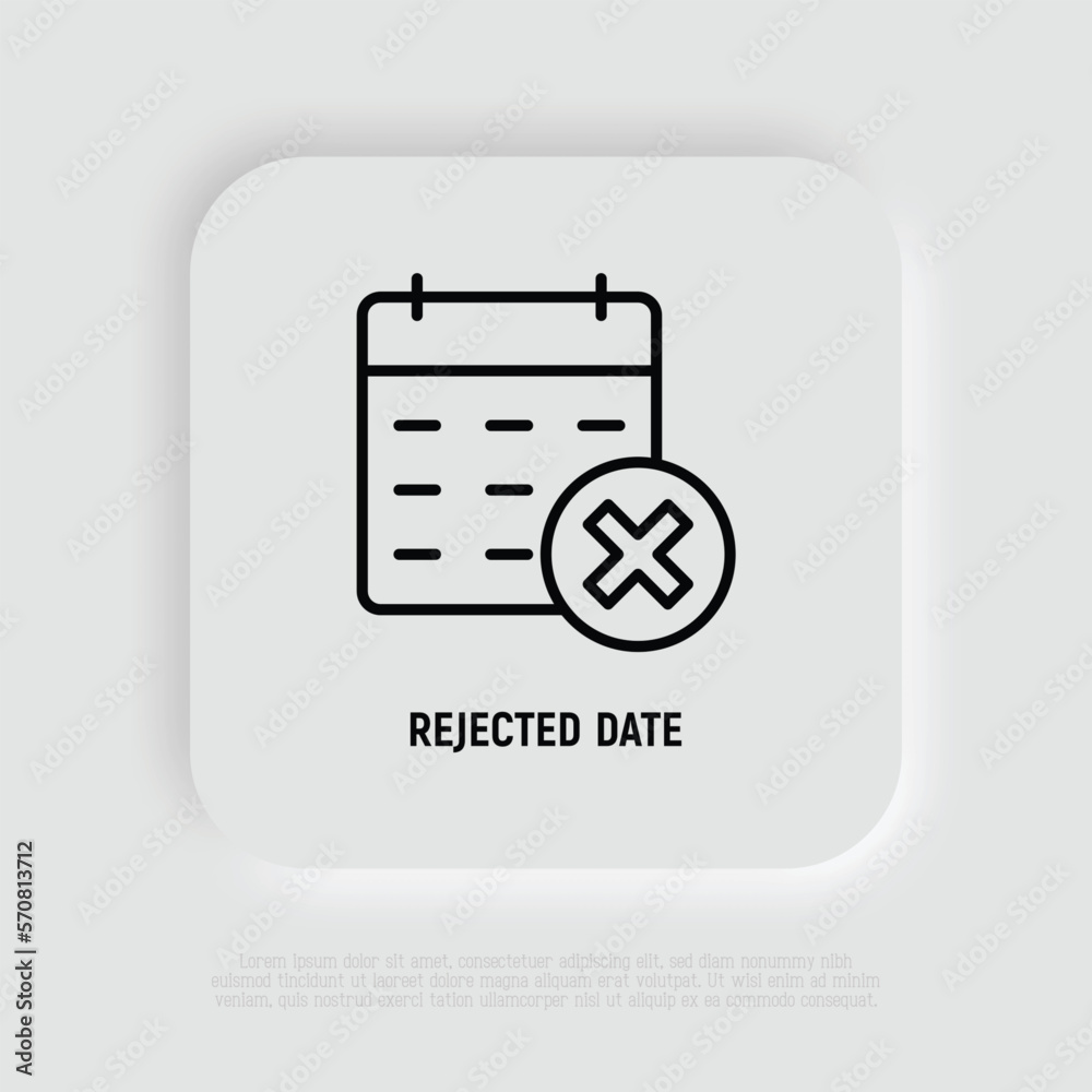 Date rejected thin line icon: cross mark on calendar. Cancel date. Modern vector illustration. Date rejected thin line icon: cross mark on calendar. Cancel date. Modern vector illustration.