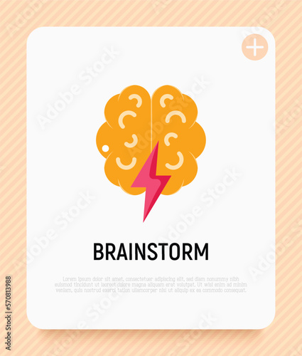 Brainstorm flat icon: brain with flash. Creativity, inspiration, imagination. Modern vector illustration.
