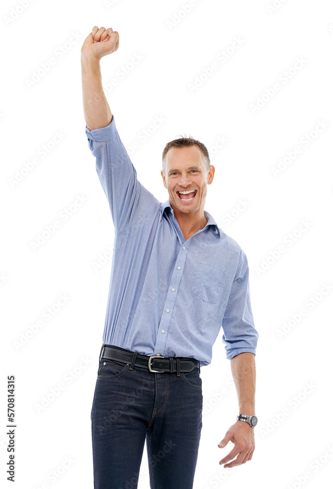 Fototapeta premium Portrait, winner and celebration of business man in studio isolated on a white background. Winning, achievement and happy mature male celebrating goals, company targets or victory, triumph or success