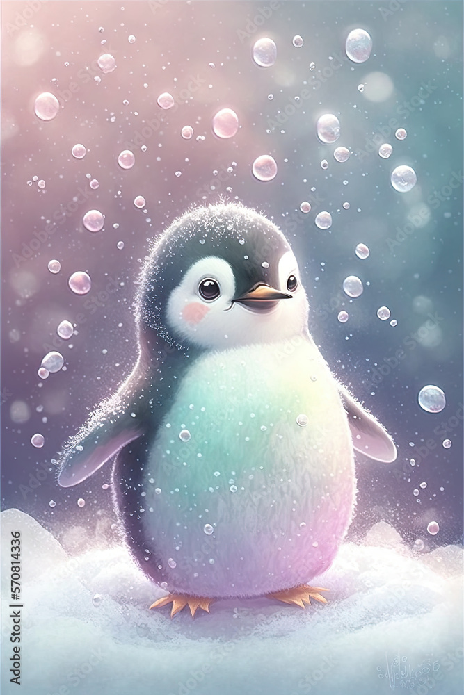 Obraz premium Pingouin mignon, pingouins avec beaucoup de couleurs et de neige. Idéal comme fond d'écran, carte postale.