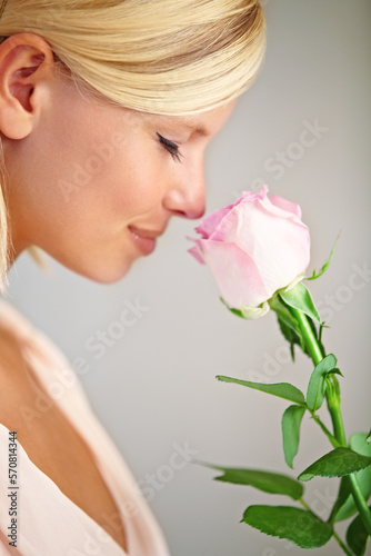 Flower  studio and woman smelling a rose for a sweet blossom fragrance  scent or aroma. Bloom  cosmetic and female model from Australia with a floral for valentines day by a gray background.