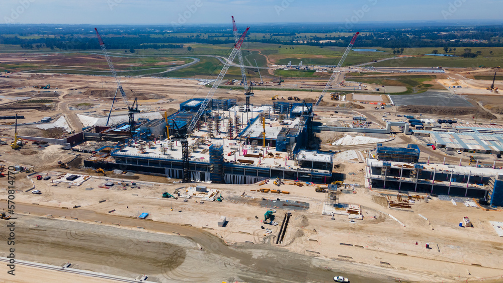 Aerial drone view of the construction site of the new International Airport at Badgerys Creek in Western Sydney, NSW, Australia in February 2023  