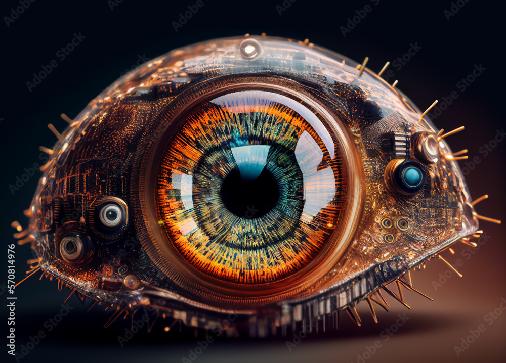 Illustration of futuristic human eye with electronic elements, AI-generated concept.