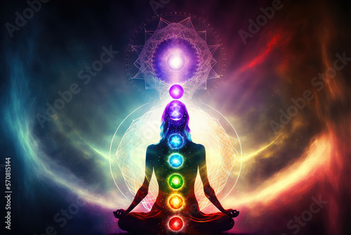 Human inner energy chakra meditation of mind body and soul. Peculiar AI generative image.