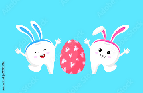 Cute cartoon tooth characters with rabbit ears decoration. Happy Easter concept. Easter egg, vector illustration.