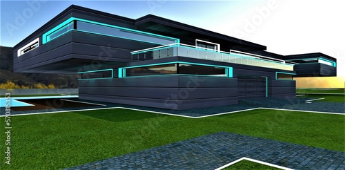 Granite walkways with white glowing borders on the freshly cut lawn on the territory of the upscale mansion with illuminated aluminum facade. 3d rendering.