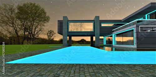 Architecture composition near the glowing turquoise pool at starry night. Gray granite pavement on the law with old tree on the background. 3d rendering. © Oleksandr