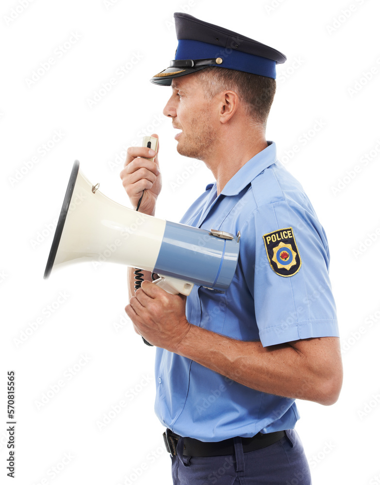 Law man, megaphone and police officer speech for service announcement, legal justice or studio crime. Criminal safety profile, security communication speaker or hero talk isolated on white background