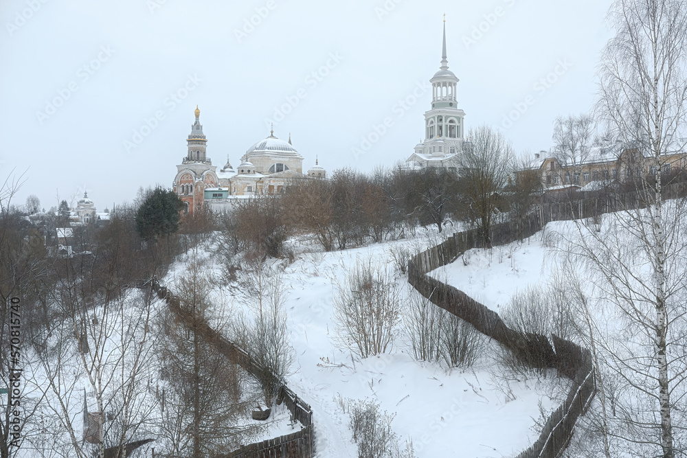 Beautiful winter view of the cathedrals of the city of Torzhok. View from the bottom of the ancient cathedrals on a hill.