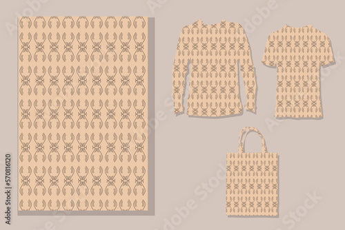 an old-fashioned striped batik painting, with a line texture. abstract design, implement a two shirt mockup, and a shopping bag for preview