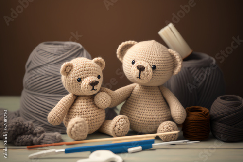 knitting art illustration with cute bear object suitable for children's themed book illustration elements, children's theme display photos created using artificial intelligence