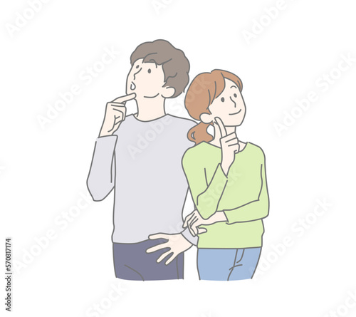 想像、思い描く、納得、感心する若い男女、夫婦
