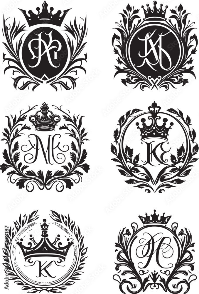 monogram, a combination of letters in the form of a coat of arms with a crown and a wreath, suitable for logos, design of wedding invitations and a family sign monogram, a combination of letters in the form of a coat of arms with a crown and a wreath, suitable for logos, design of wedding invitations and a family sign