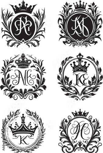 monogram, a combination of letters in the form of a coat of arms with a crown and a wreath, suitable for logos, design of wedding invitations and a family sign