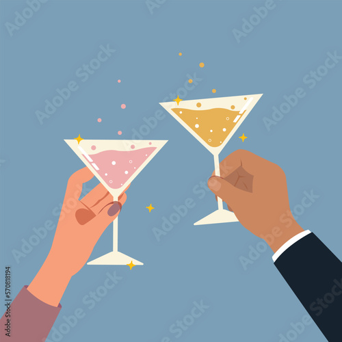 Hand holding a cocktail, Two hands cheering with glasses of champagne concept.