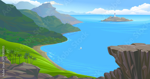 A yacht sailing towards an island with a lighthouse and a big blue ocean.