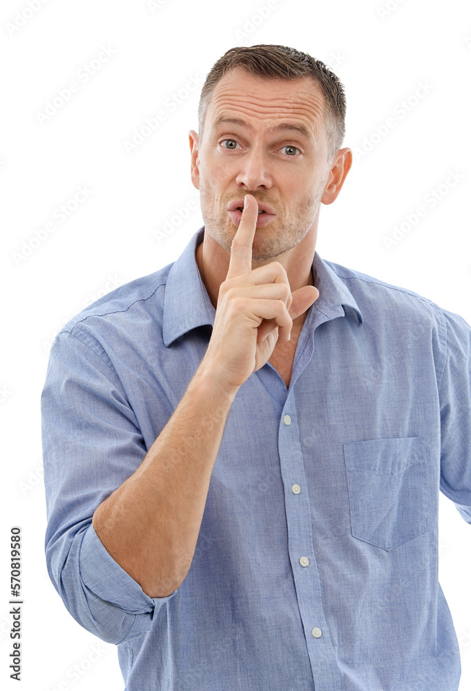 Hush, secret and portrait of a man in a studio with a silence, quiet or whisper face expression. Person, handsome and mature male model with a finger on his mouth gesture isolated by white background Hush, secret and portrait of a man in a studio with a silence, quiet or whisper face expression. Person, handsome and mature male model with a finger on his mouth gesture isolated by white background