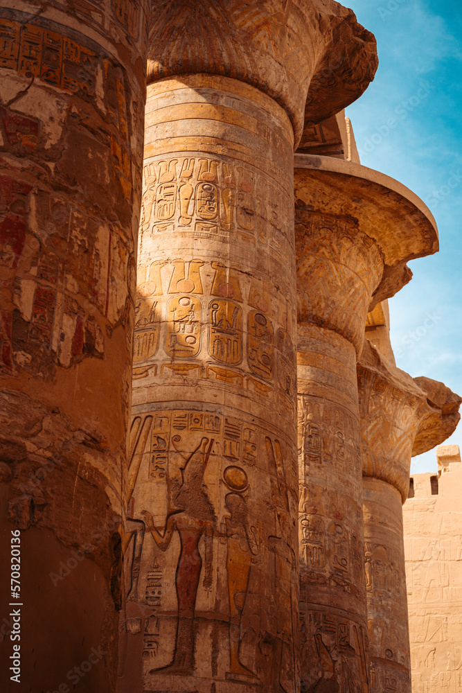 Open Papyrus Umbel Capitals and Architrave in Hypostyle Hall, Karnak Temple, Luxor Egypt Open Papyrus Umbel Capitals and Architrave in Hypostyle Hall, Karnak Temple, Luxor Egypt