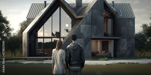 Couple looking at their house. back view. Generative AI