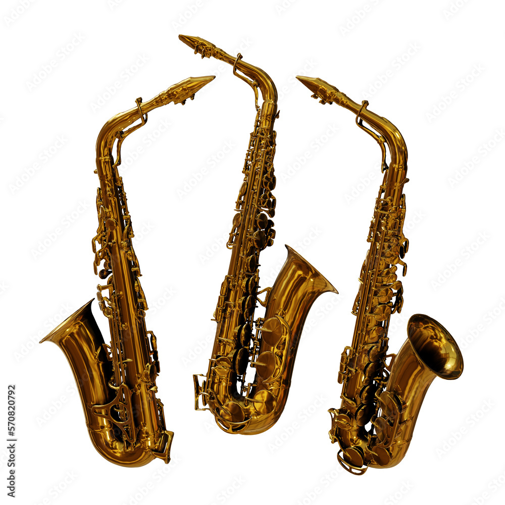 Naklejka premium 3d rendering of saxophone wind instrument shiny gold golden color perspective view