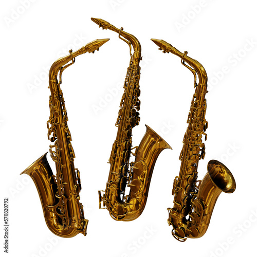 3d rendering of saxophone wind instrument shiny gold golden color perspective view