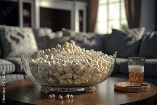 Popcorn in a glass bowl on the table in the living room, in the house. The perfect meal for relaxing after work and with the family.