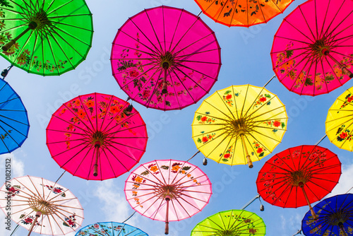 Colorful geulis umbrellas hang in the city of tasikmalaya  indonesia