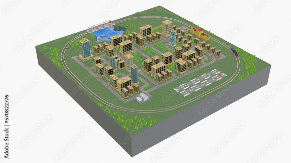 stylized drawn cartoon city on a white background. 3D transport moves through the model of the city. 3d render stylized drawn cartoon city on a white background. 3D transport moves through the model of the city. 3d render