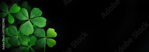  Green clover leaf isolated on dark background. Generative AI