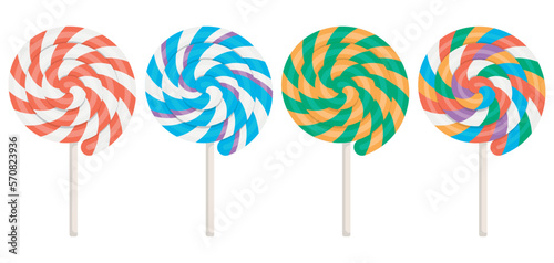 Lollipop with spiral. Twisted sucker candy on stick. Set of round candies with striped swirls. Vector illustration.