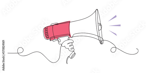 Line art megaphone announcement, one continuous single line drawing of hand hold a speaker megaphone isolated.