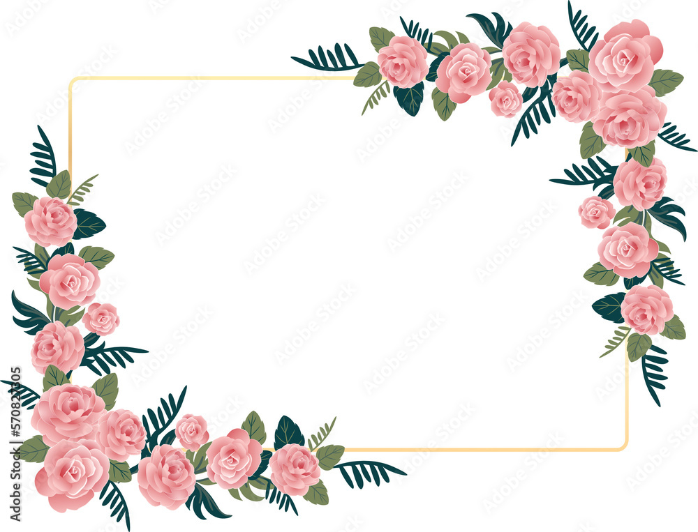 Pink roses with floral green leaves frame for sweet wedding card, celebrate Pink roses with floral green leaves frame for sweet wedding card, celebrate