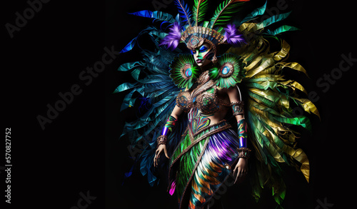professional dancers female in colorful sumptuous carnival feather suits. facemask and carnival costume standing. Brazilian Carnival. Generative AI
