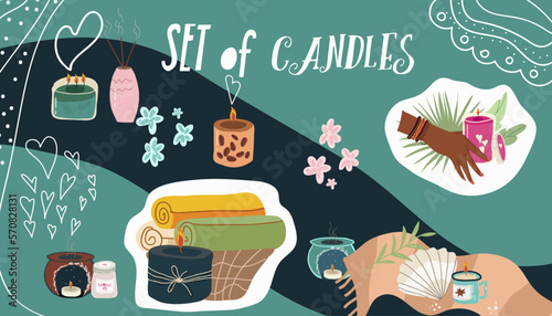 Collage vector illustration set of candles, hobby, self love, aromatherapy, shell, black hand holding a candle, towels, cartoon characters.