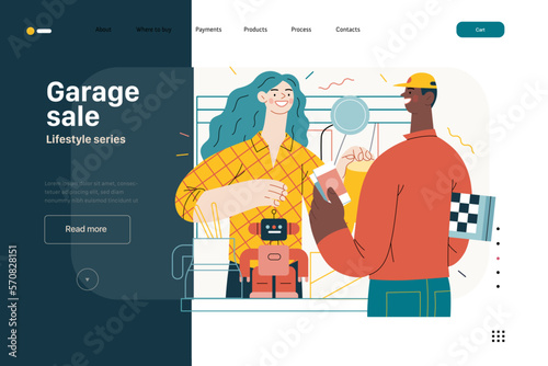 Lifestyle web template -Garage sale -modern flat vector illustration of a woman selling house stuff, table filled with house utilities and toys, and man buying a chess board. People activities concept